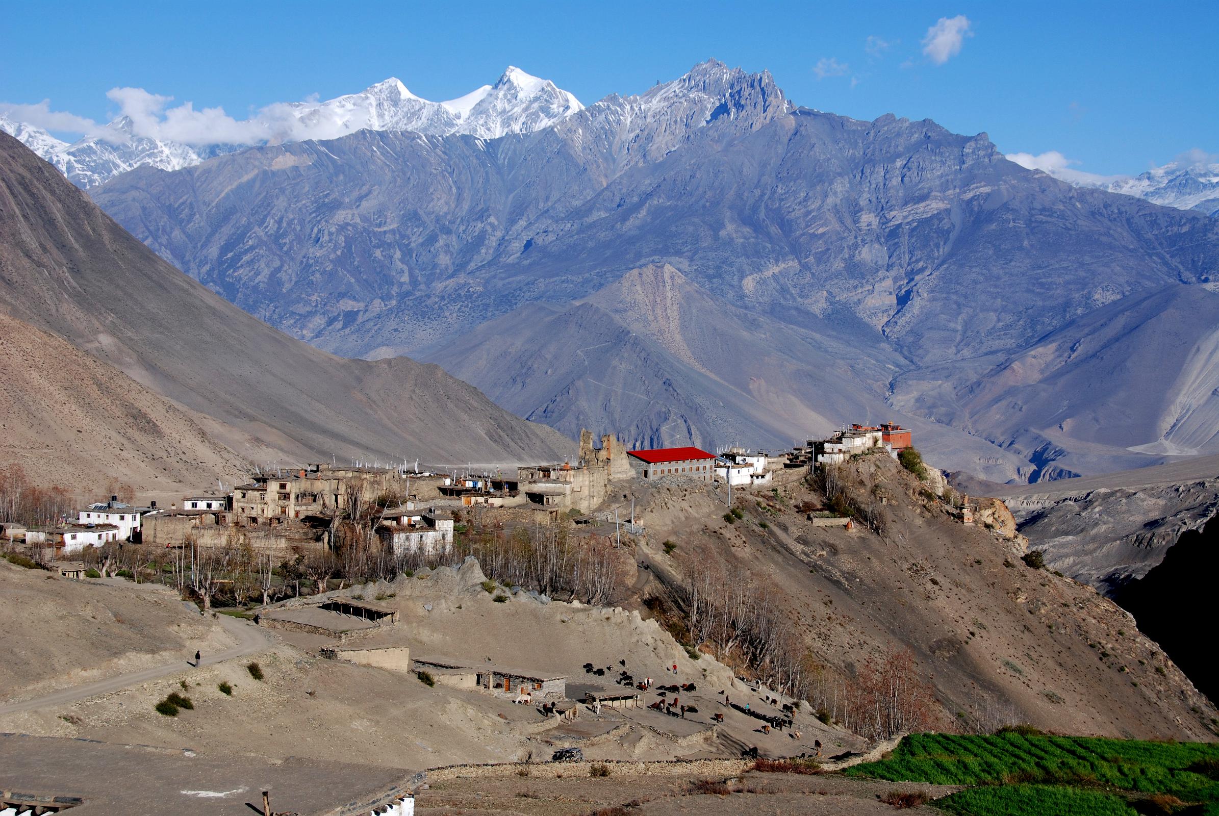 309 Jharkot From Near Muktinath As I ascended from Jharkot (3500m) towards Muktinath, I looked back to catch a magnificent view in the early morning sun of Jharkot.